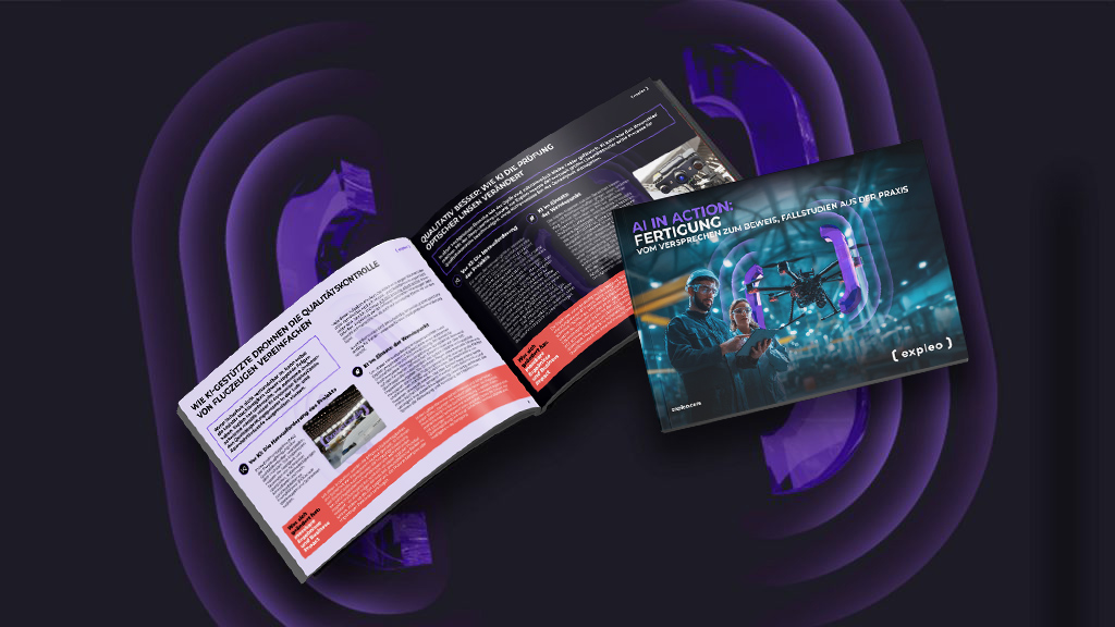 An open booklet and a closed booklet are displayed on a dark background with purple wave graphics. The cover features a person using a tablet in a high-tech factory setting, highlighted by glowing blue overlays.