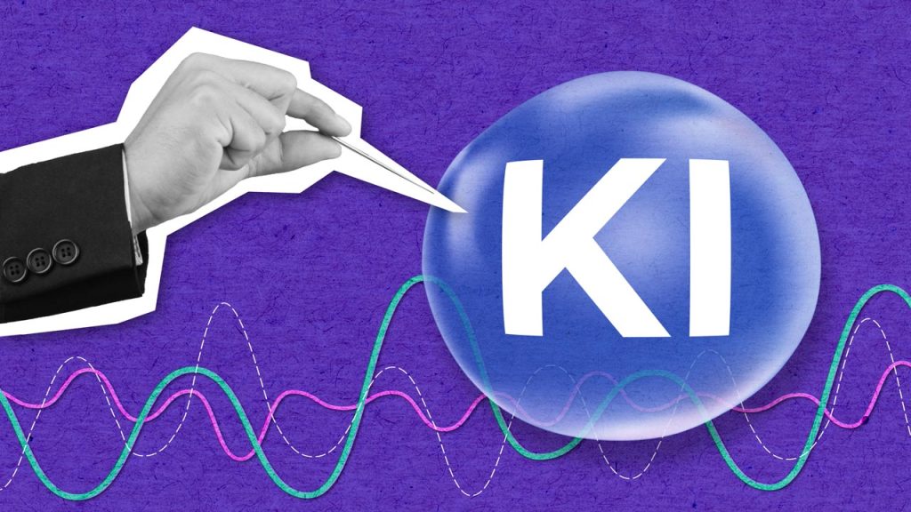 A hand holding a pin is about to pop a blue bubble labeled "KI" against a purple background with colorful, wavy lines below.