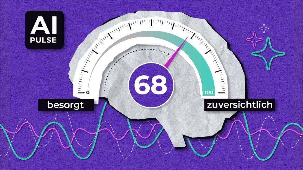 Illustration of a brain with a gauge showing a score of 68, between “besorgt” (worried) and “zuversichtlich” (confident), with colorful wave lines and stars, and an “AI Pulse” label on a purple background.