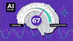 A brain-shaped gauge shows a score of 67, with a needle pointing toward "zuversichtlich" (confident) and away from "besorgt" (worried). Colored waveforms and a black "AI Pulse" label are on a purple background.