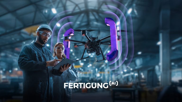 Two engineers in safety gear inspect a clipboard while a drone with glowing sensors hovers in a large, industrial factory. The word "FERTIGUNG(AI)" appears at the bottom.