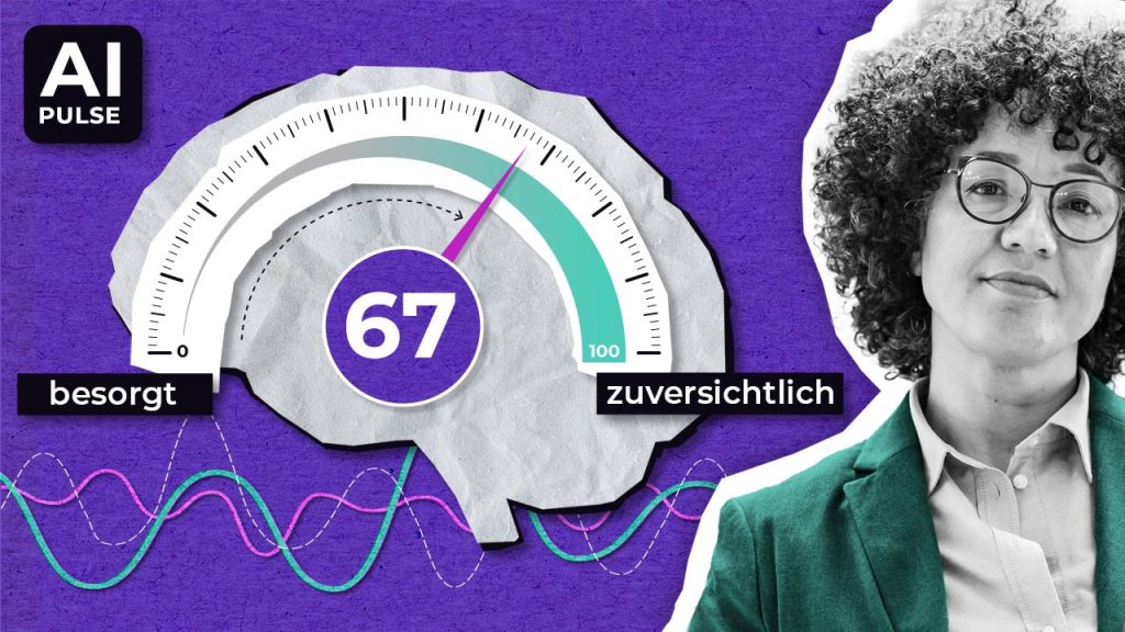 A graphic shows a brain-shaped gauge reading 67, with a needle pointing toward "zuversichtlich" (confident) over "besorgt" (worried). A woman with curly hair and glasses smiles on the right. AI Pulse logo appears top left.