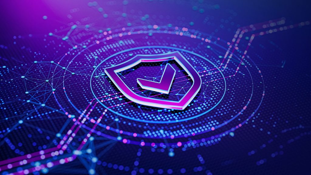 Eine digitale Illustration eines Schildes mit einem Häkchen in der Mitte, umgeben von leuchtenden Netzwerklinien und -knoten, die Cybersicherheit und Datenschutz auf einem futuristischen, blau-violetten Hintergrund symbolisieren.