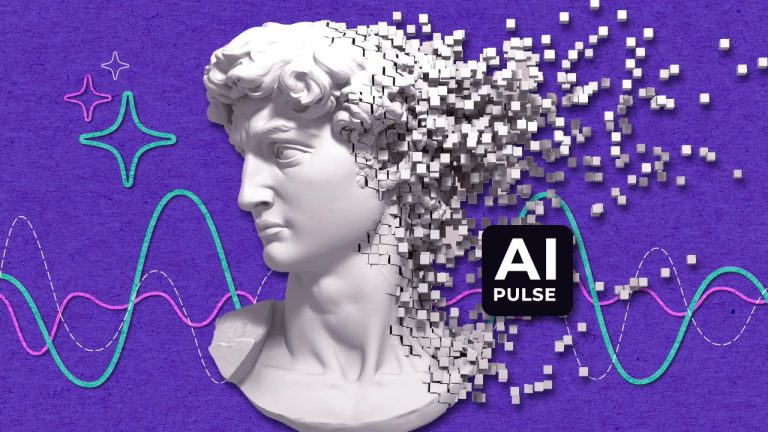 A white marble bust of a classical statue is dissolving into digital cubes on a purple background, with colorful waveforms and a black square labeled “AI Pulse” beside the fragmented area.