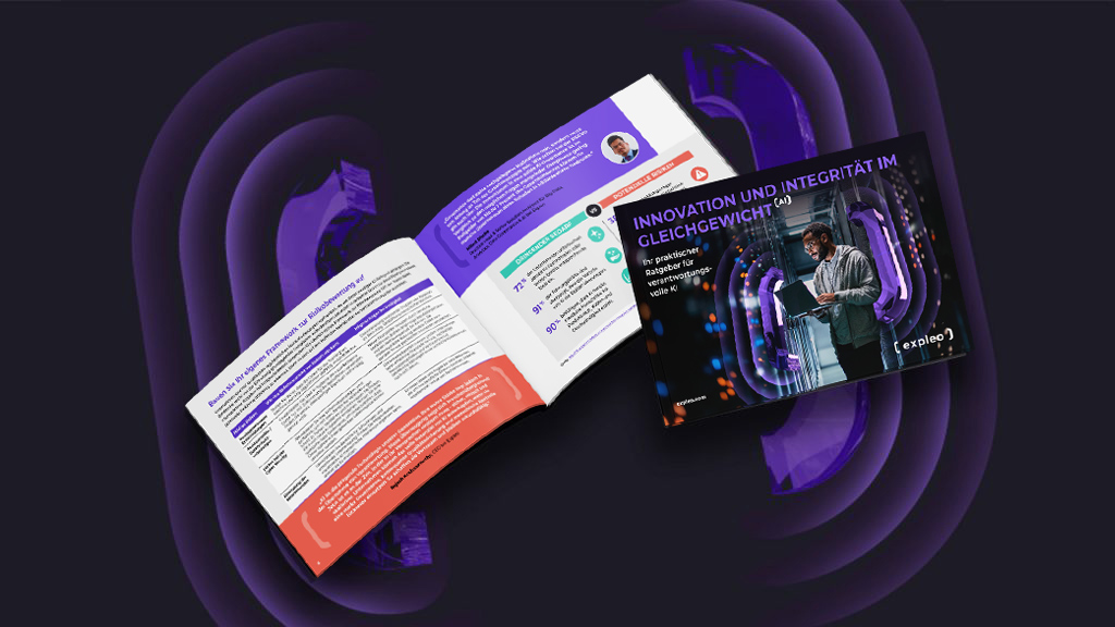 A digital graphic showing an open booklet with colorful text and images beside a German-language brochure cover featuring a person speaking on stage with “Innovation und Integrität im Gleichgewicht” as the headline.