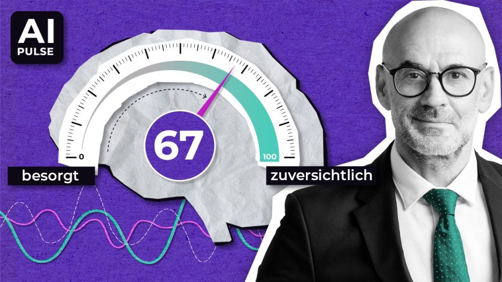 A gauge with a needle pointing to 67 out of 100 is displayed over a brain graphic. Below, "besorgt" and "zuversichtlich" labels sit at each end. To the right, a man in glasses and a suit is shown. The background is purple.