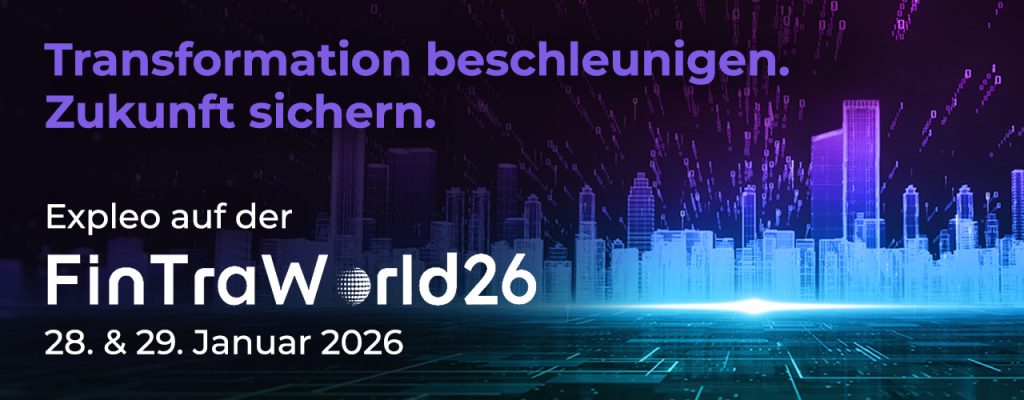 Digital cityscape with glowing purple and blue lights. German text reads “Transformation beschleunigen. Zukunft sichern. Expleo auf der FinTraWorld26, 28. & 29. Januar 2026.” Event information is highlighted.