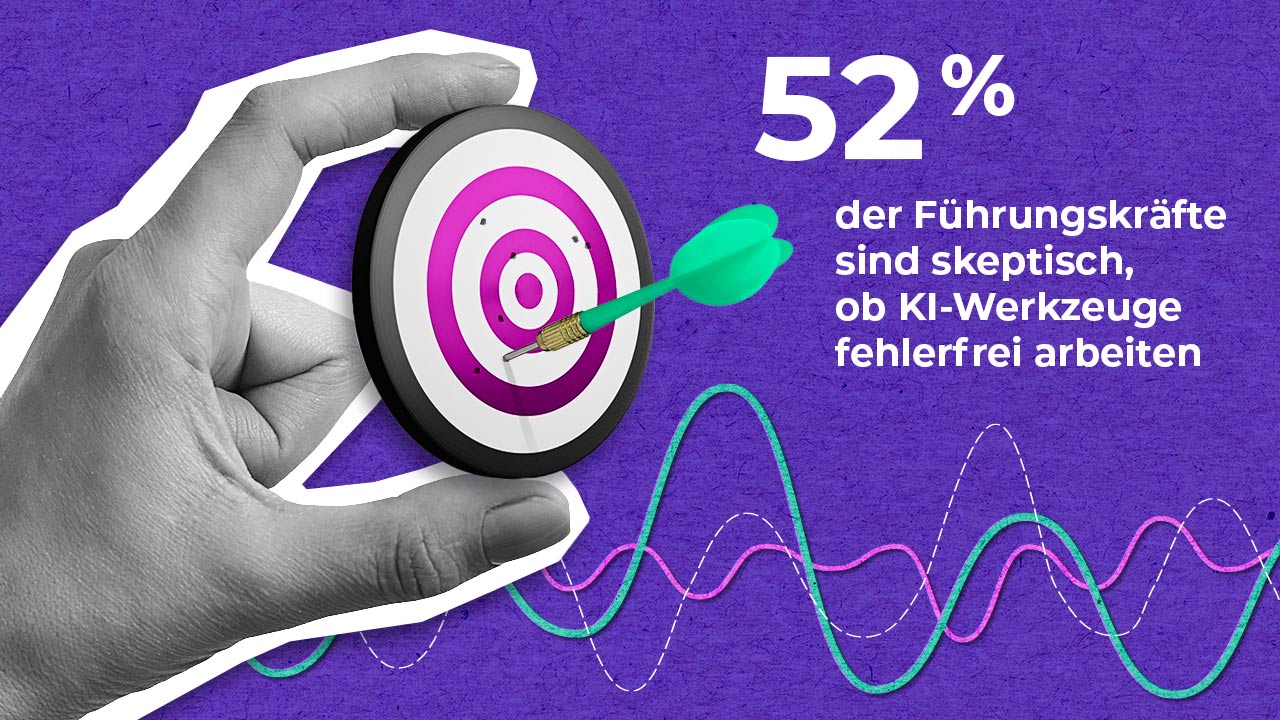Eine Hand hält eine Dartscheibe mit einem grünen Pfeil in der Mitte. Der Text lautet: "52% der Führungskräfte sind skeptisch, ob KI-Werkzeuge fehlerfrei arbeiten." Im Hintergrund sind bunte Datenzeilen zu sehen.