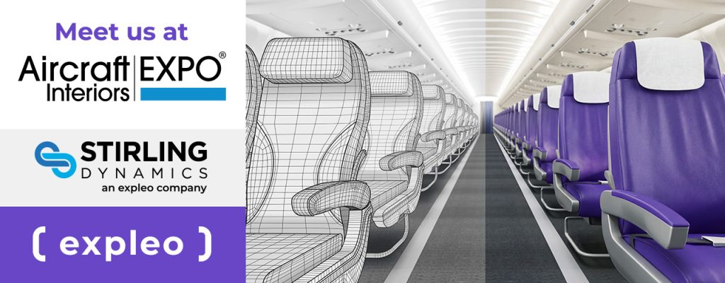 Split image: Left side shows event and company logos for Aircraft Interiors Expo and Stirling Dynamics (an expleo company). Right side shows aeroplane seats, half in wireframe design, half realistic purple seats.