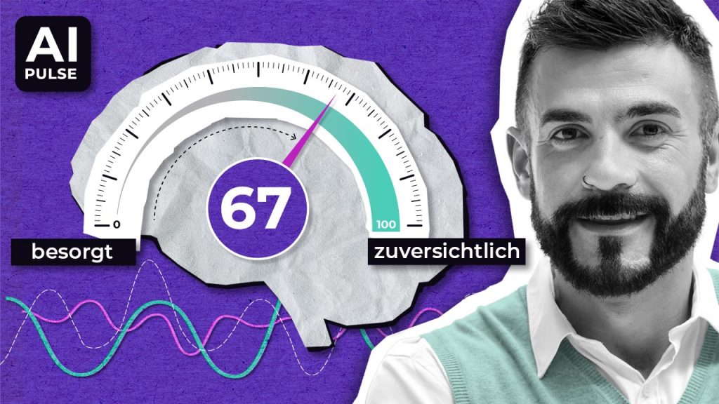 Eine Grafik mit einem gehirnförmigen Messgerät, das 67 von 100 Punkten anzeigt, mit der Aufschrift "besorgt" auf der linken Seite und "zuversichtlich" auf der rechten Seite. Rechts ist ein lächelnder Mann zu sehen, darunter bunte Wellenlinien.