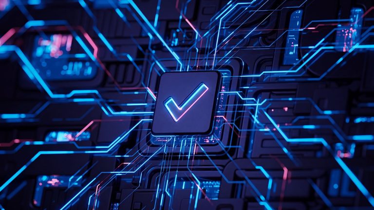 A digital illustration of a glowing blue tick on a central square chip, surrounded by interconnected neon blue and pink circuit lines on a dark, futuristic circuit board background.