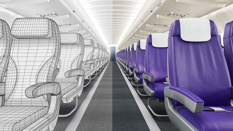 Eine geteilte Ansicht einer Flugzeugkabine, wobei die linke Seite 3D-Drahtmodelle der Sitze und die rechte Seite realistische lila Sitze mit weißen Kopfstützenbezügen zeigt. Der Gang verläuft in der Mitte.