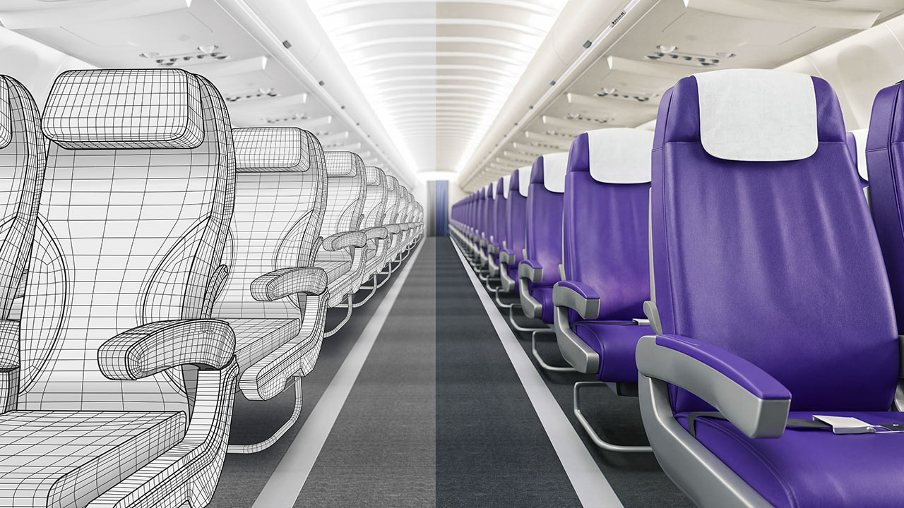 Eine geteilte Ansicht einer Flugzeugkabine, wobei die linke Seite 3D-Drahtmodelle der Sitze und die rechte Seite realistische lila Sitze mit weißen Kopfstützenbezügen zeigt. Der Gang verläuft in der Mitte.