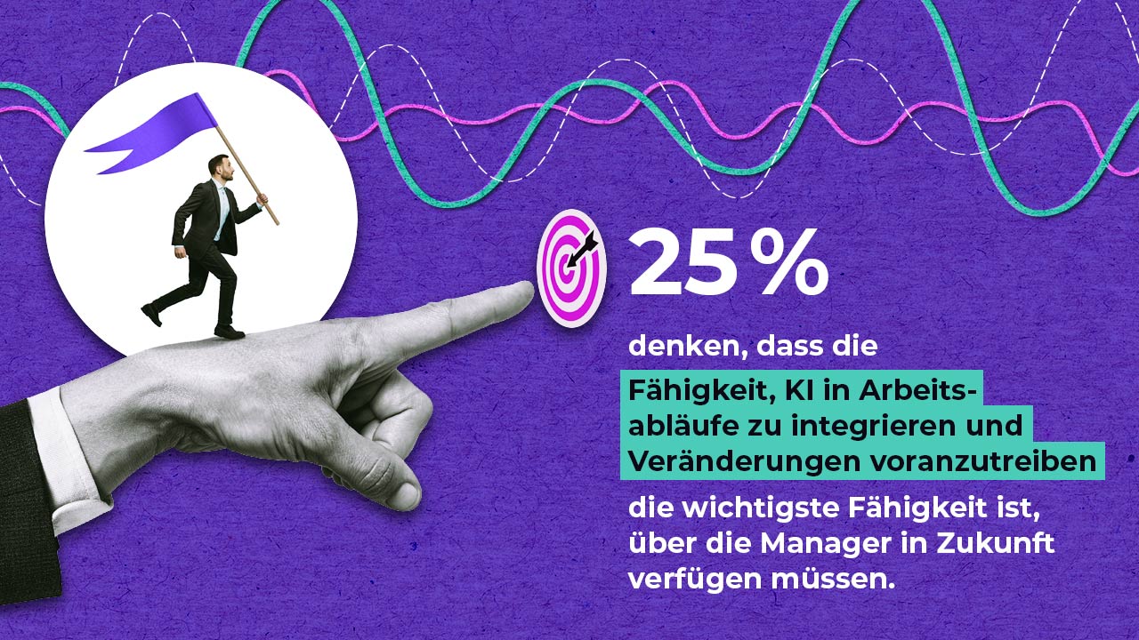 A man with a purple flag runs towards a target symbol; next to it is “25%” and text about the significance of AI skills for future managers, against a graphic background with colourful lines.