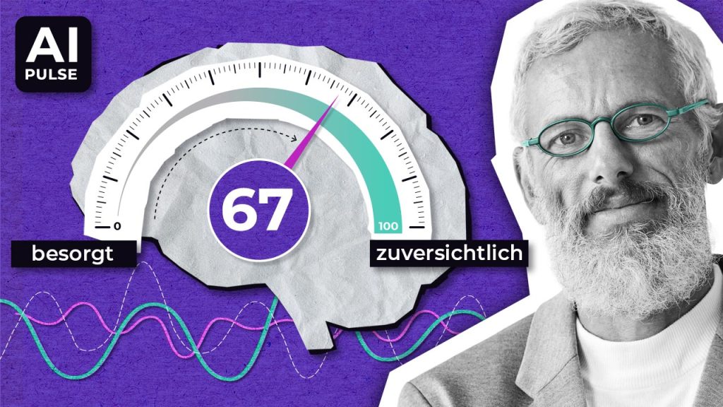 A graphic shows a brain-shaped gauge reading 67 out of 100, with labels “besorgt” (worried) on the left and “zuversichtlich” (confident) on the right. A man with glasses and a beard is on the right. Background is purple with wave patterns.