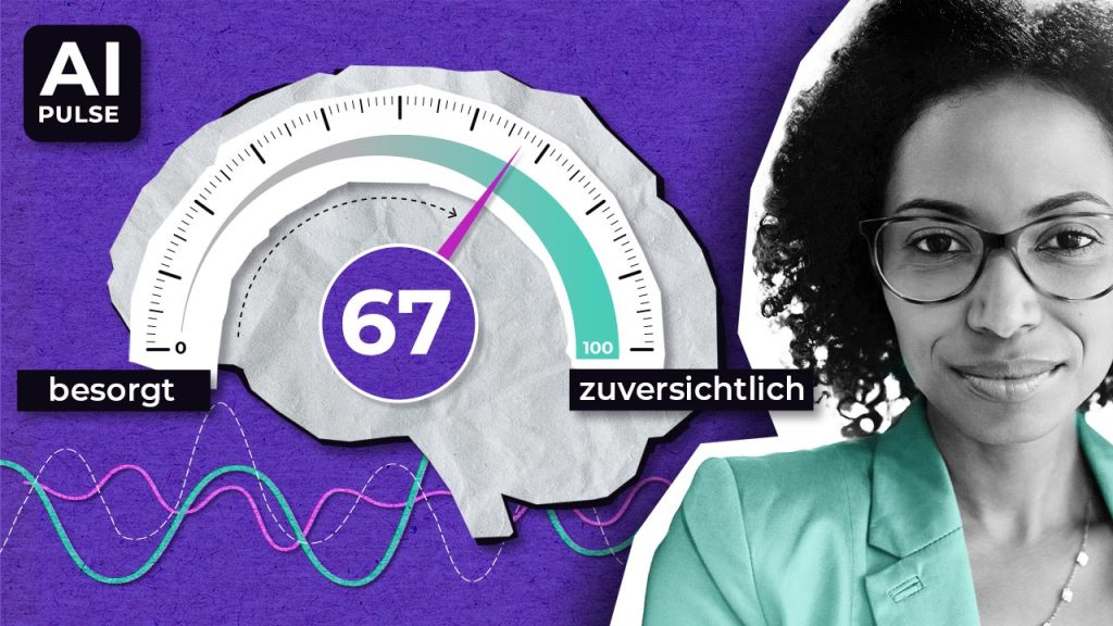 Eine an ein Gehirn erinnernde Anzeige zeigt einen Wert von 67 an, wobei die Skala von „besorgt“ bis „zuversichtlich“ reicht. In der Ecke ist das „AI Pulse“-Logo zu sehen. Rechts ist eine lächelnde Frau in einem blaugrünen Blazer abgebildet. Am unteren Rand verlaufen bunte Wellen.