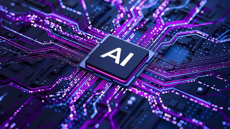 A computer chip labelled “AI” sits at the centre of a circuit board with glowing purple and blue lines branching out, representing artificial intelligence technology.