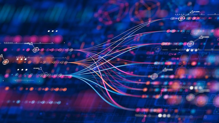 Abstract digital visualisation showing multiple colourful lines converging and diverging, representing data flow or network connections against a dark blue and purple background with geometric patterns and icons.