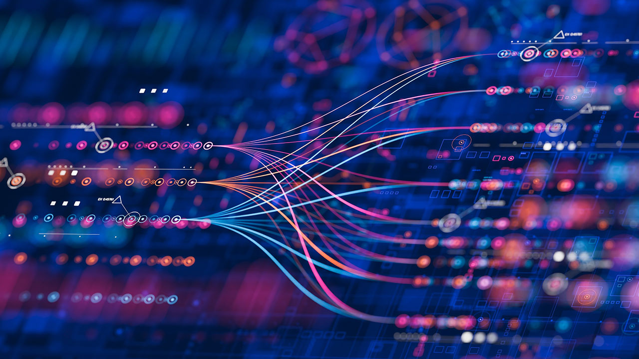 Abstract digital visualisation showing multiple colourful lines converging and diverging, representing data flow or network connections against a dark blue and purple background with geometric patterns and icons.