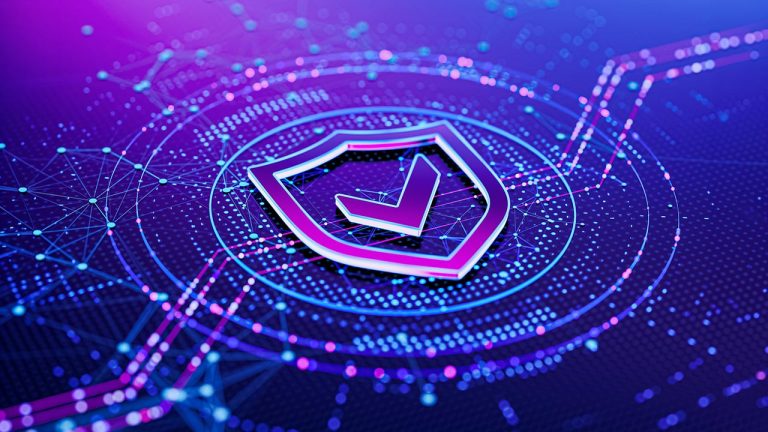 A digital shield with a tick in the centre, surrounded by glowing network lines and dots, symbolising cybersecurity or data protection on a purple and blue background.