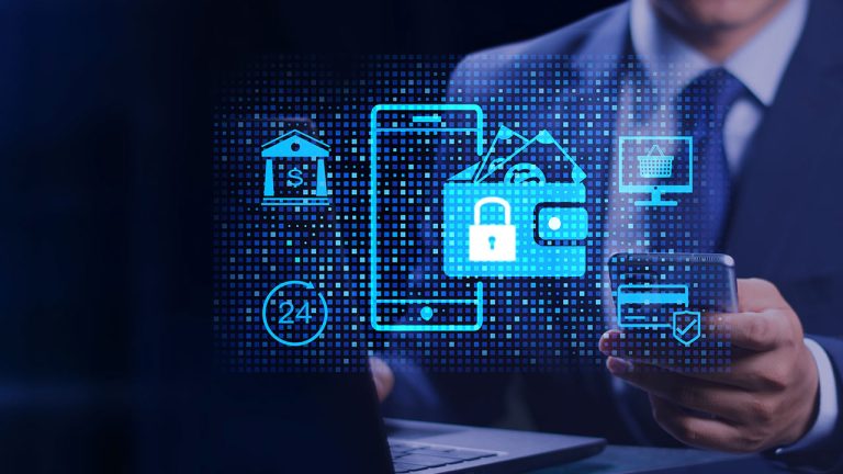 A person in a suit uses a mobile phone at a desk, with digital icons of a lock, wallet, bank, and computer overlaid, representing secure online banking and digital security.