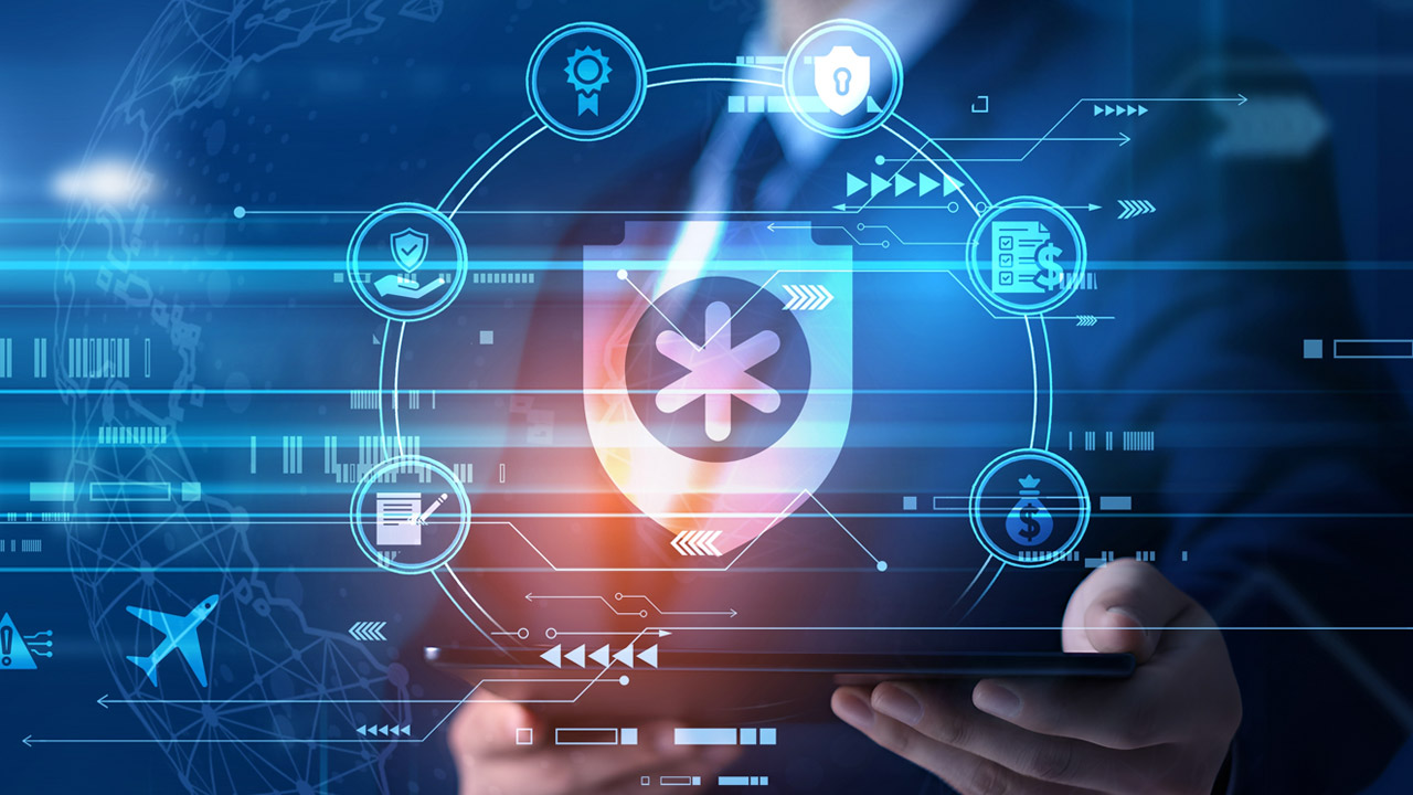 A person in a suit holds a tablet with glowing digital icons and futuristic circular graphics representing technology, cyber security, finance, and travel.