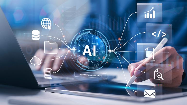 A person works on a laptop and tablet with digital icons representing AI concepts like charts, coding, files, messages, and global networks connected to a central “AI” graphic.