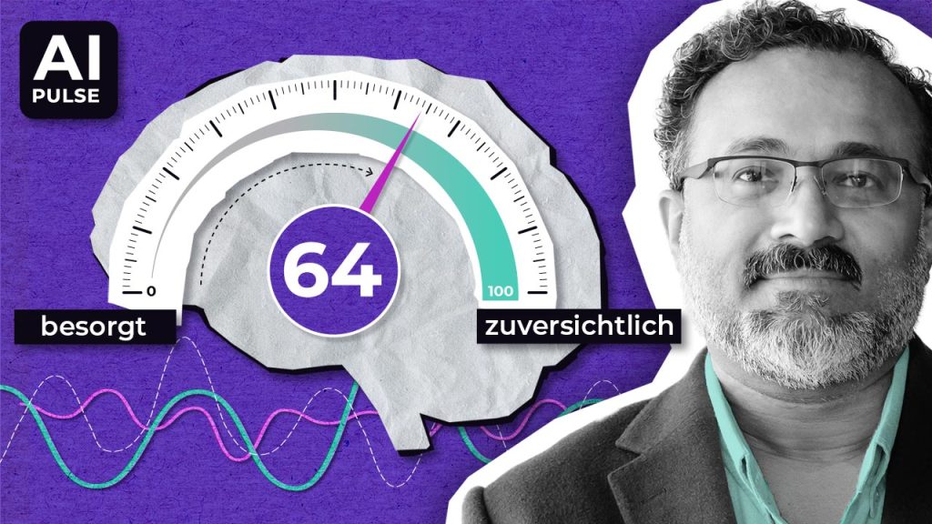 Das Porträt eines Mannes neben einer gehirnförmigen Anzeige, deren Zeiger auf 64 zeigt, mit den Bezeichnungen „besorgt“ auf der linken Seite und „zuversichtlich“ auf der rechten Seite.
