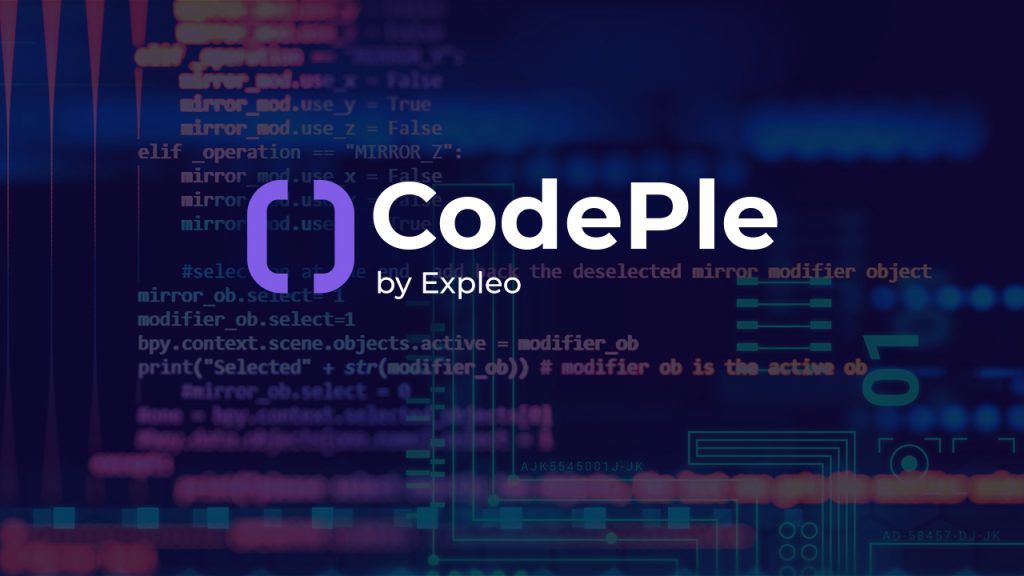 CodePle by Expleo logo centred over a blurred background of colourful programming code and graphical interface elements.