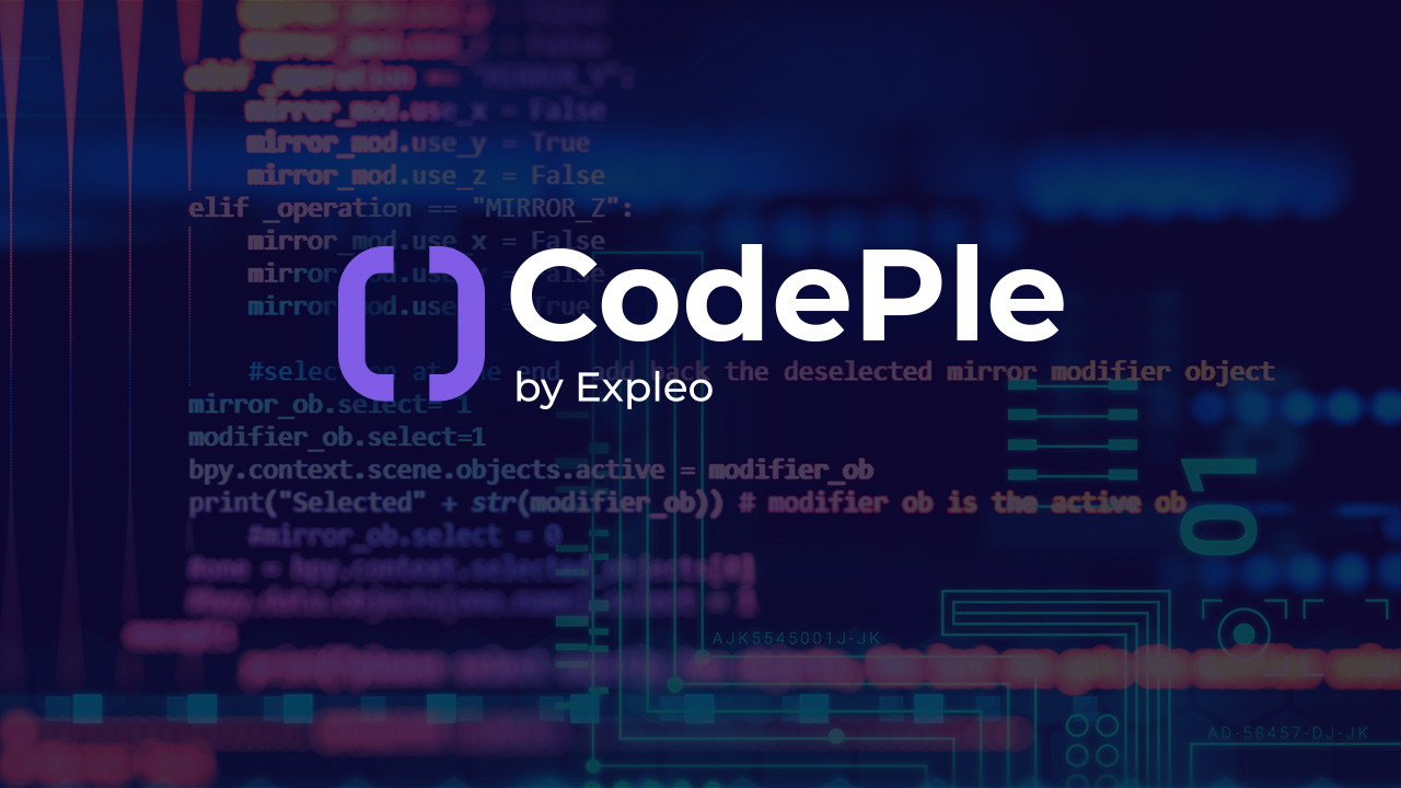 CodePle by Expleo logo centred over a blurred background of colourful programming code and graphical interface elements.