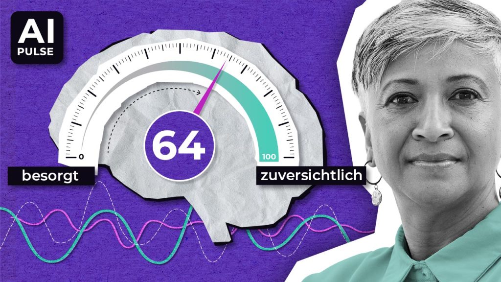 Ein Frauengesicht in Graustufen und eine gehirnförmige Zuversichtsanzeige mit einem Wert von 64/100, mit den Bezeichnungen „besorgt“ und „zuversichtlich“, dem AI Pulse-Logo sowie bunten Datenwellen vor einem violetten Hintergrund.