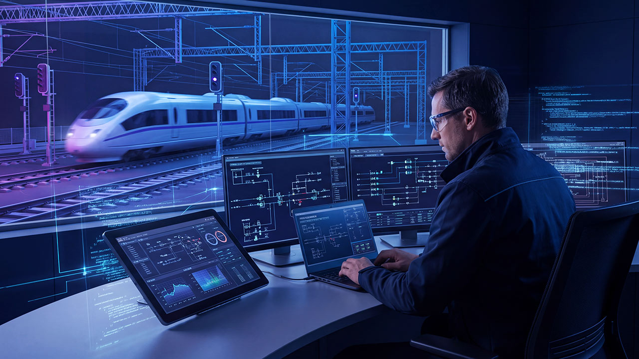 A man in a control room monitors train systems on multiple screens while a high-speed train passes outside a large window, with digital data graphics overlaying the scene.