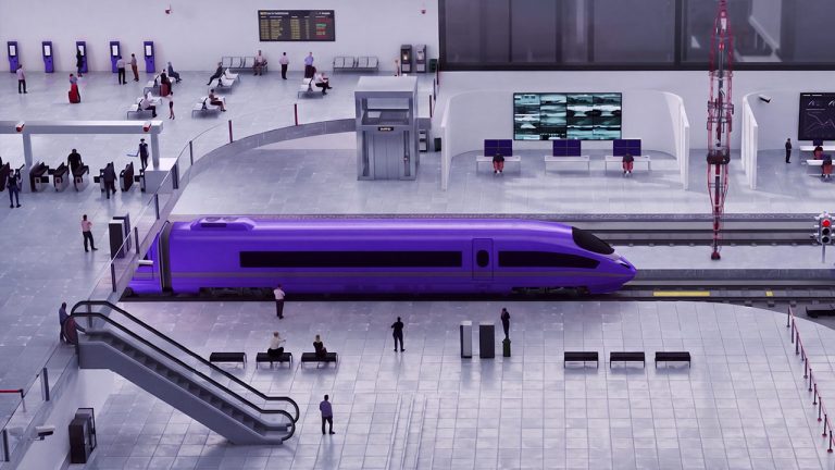 A sleek purple high-speed train is stopped at a modern station platform, with people walking, sitting, and waiting nearby. Digital screens and escalators are visible in the open, spacious concourse.
