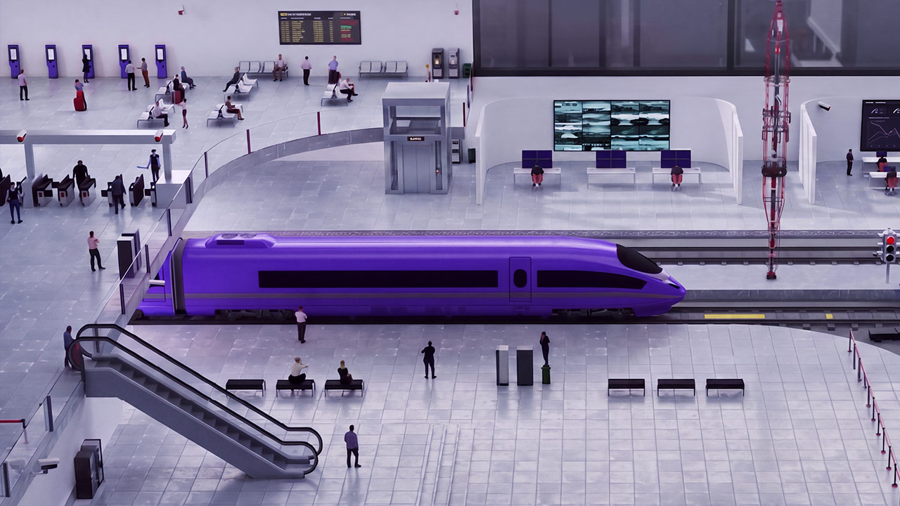 A sleek purple high-speed train is stopped at a modern station platform, with people walking, sitting, and waiting nearby. Digital screens and escalators are visible in the open, spacious concourse.