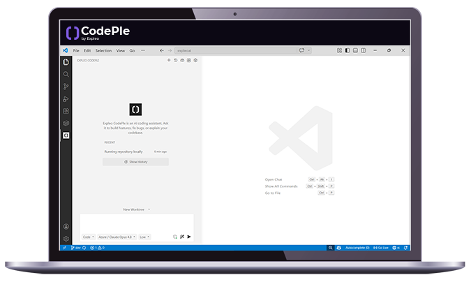 A laptop screen displays the CodePie IDE, showing an open workspace with a sidebar, files panel, and coding area resembling the Visual Studio Code interface.