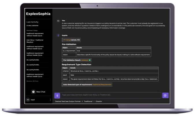 A laptop screen displays the ExpleoSophia interface, showing text boxes for policy validation, requirement detection, and a sidebar with chat and activity options. The background is mostly dark with white and yellow text.