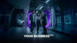 Three businesspeople stand together, smiling and talking in a modern office with a digital purple AI graphic overlay. Bold text below reads “YOUR BUSINESS (AI).” The environment is dimly lit with glass walls and reflections.