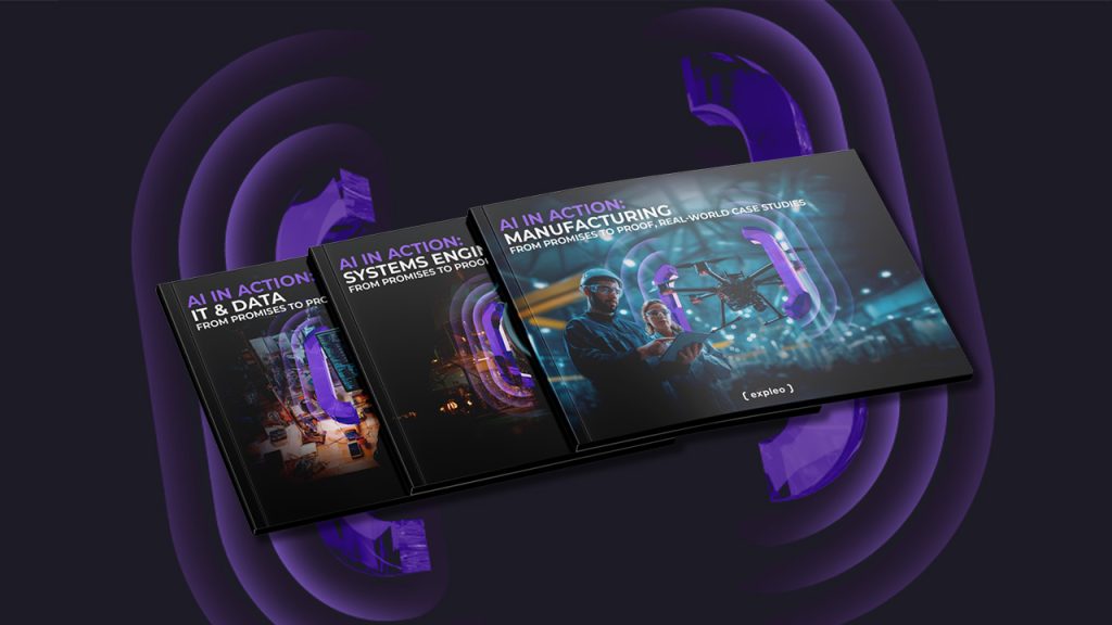 Three booklets titled “AI in Action” with different focuses—IT & Data, Systems Engineering, and Manufacturing—are displayed, featuring futuristic designs and images of people, drones, and digital graphics.