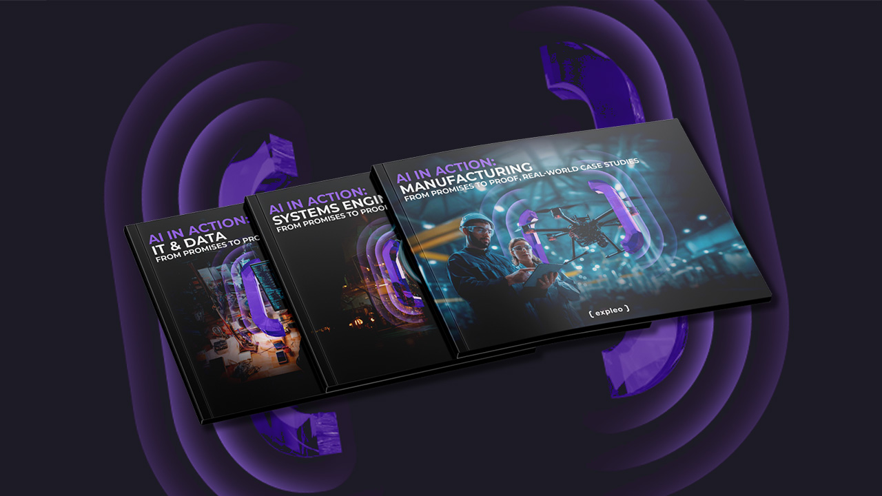 Three booklets titled “AI in Action” with different focuses—IT & Data, Systems Engineering, and Manufacturing—are displayed, featuring futuristic designs and images of people, drones, and digital graphics.