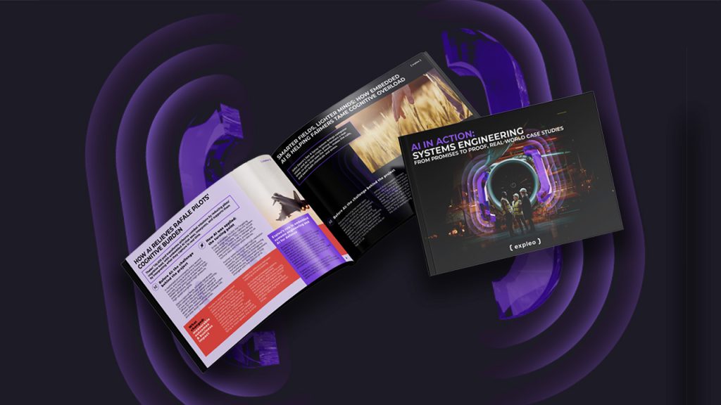 Two books are shown: one open, displaying colorful pages with graphics and text, and one closed, with a cover titled "AI in Action: Systems Engineering" and an image of futuristic technology. Purple abstract shapes are in the background.