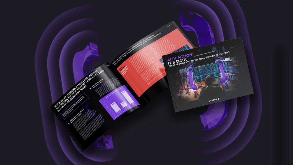 An open and closed brochure with a tech-themed design, featuring graphics, text, and a futuristic image of a person at a computer. The title reads "AI IN ACTION: IT & DATA" against a dark, abstract background.