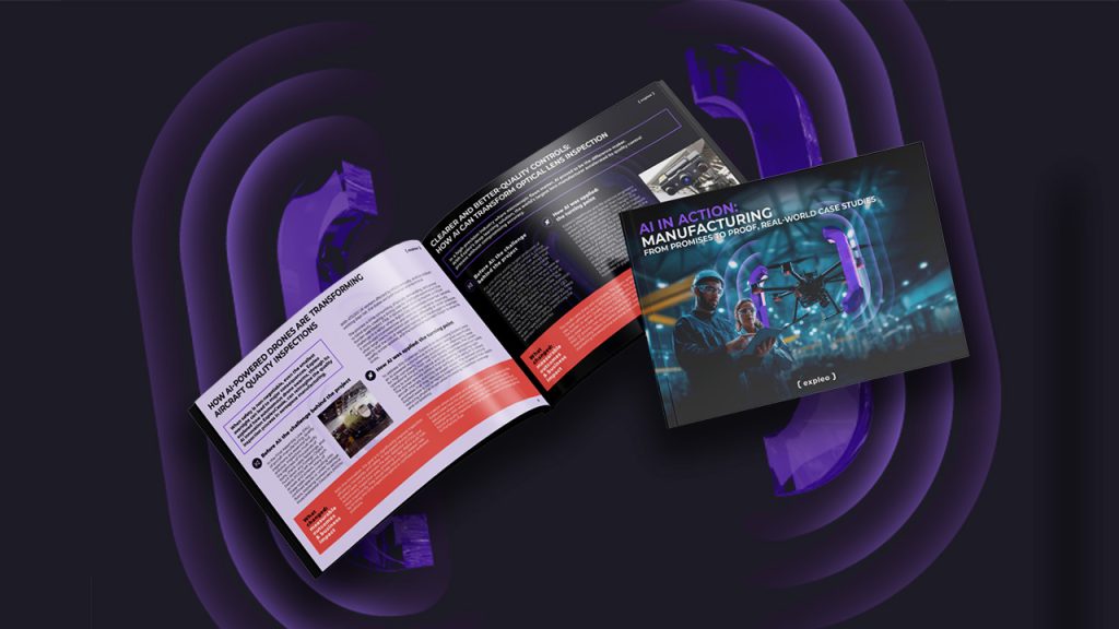 An open booklet and its front cover are displayed on a dark, abstract background. The cover reads "AI in Action: Manufacturing" and features people working with technology in a factory setting. The pages contain text, images, and graphics.