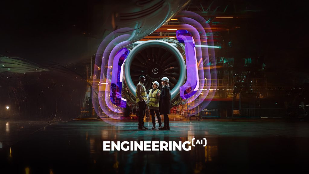 Three people in safety gear stand under a large jet engine surrounded by futuristic neon lights. The word "ENGINEERING(AI)" appears at the bottom of the image. The scene is modern and high-tech.