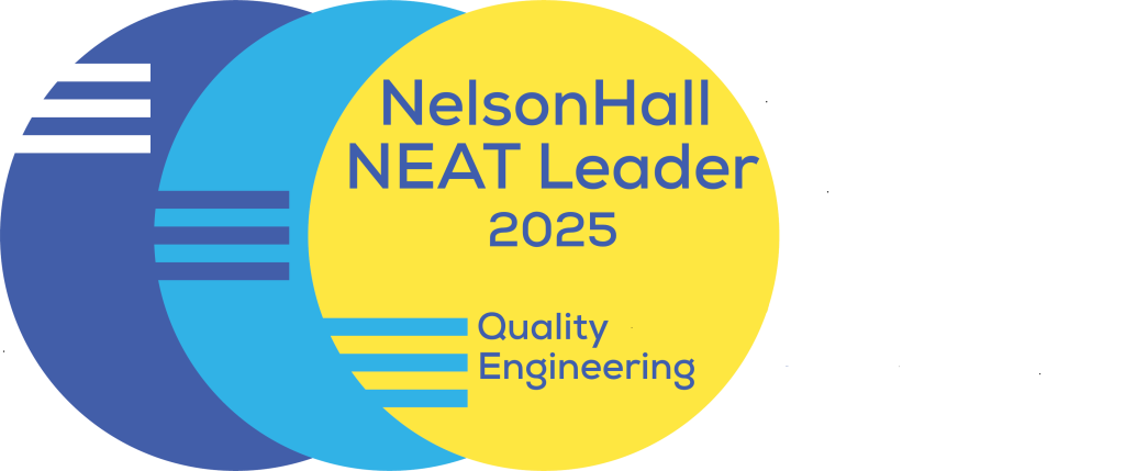 NelsonHall NEAT Leader 2025 Quality Engineering badge with overlapping blue and yellow circular shapes and stylised horizontal lines.