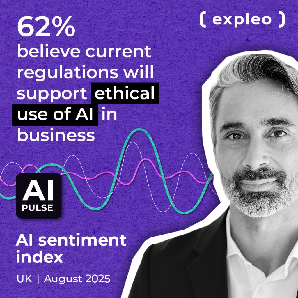 A graphic showing a statistic: "62% believe current regulations will support ethical use of AI in business." There is a man's portrait, colorful line graphs, and text reading "AI Pulse, AI sentiment index, UK | August 2025.