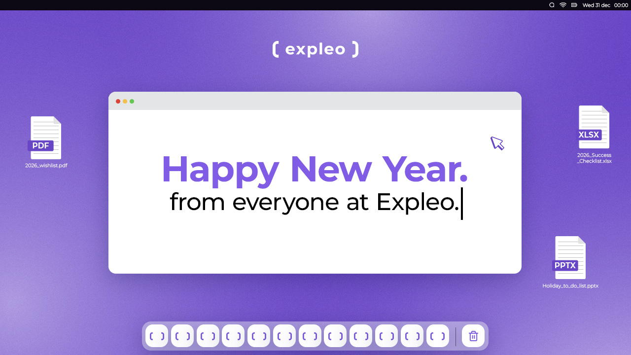 A digital card with a purple background reads "Happy New Year. from everyone at Expleo." Icons for PDF, XLSX, and PPTX files are shown on the sides, suggesting downloadable content.
