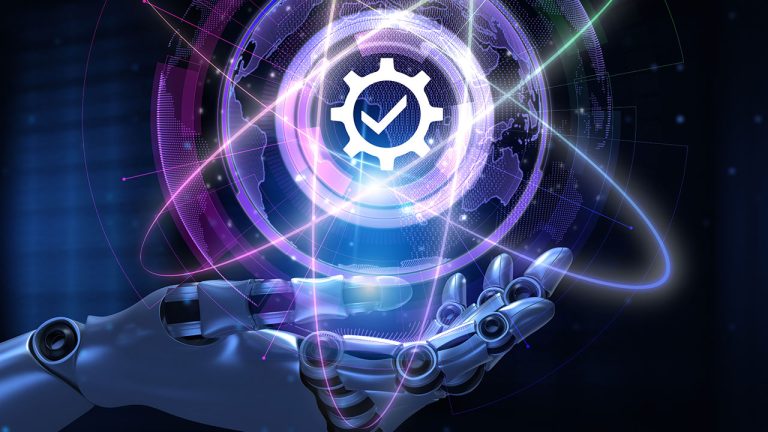 A robotic hand holds a glowing digital sphere with a gear and checkmark symbol, representing technology, automation, and artificial intelligence against a dark, futuristic background with abstract lines and a world map.