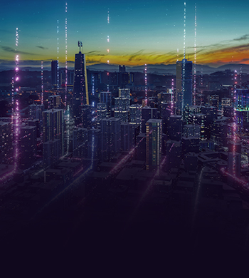 A futuristic cityscape under a colorful sunset sky, with tall skyscrapers illuminated by streaks of shimmering light descending from above. The skyline is marked with a mix of modern buildings, evoking a sense of advanced technology and urban development.