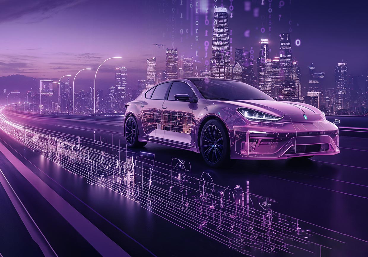 A futuristic, purple-tinted electric car drives on a digital highway with circuit-like patterns, set against a glowing city skyline at dusk, evoking themes of technology and innovation.