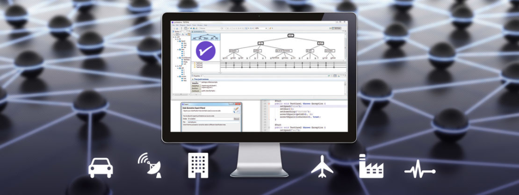 A computer monitor displays a flowchart and code editor, with a blurred network of connected nodes in the background. Icons for car, satellite, building, aeroplane, factory, and heart rate are shown below.